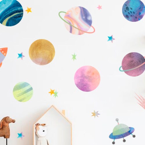Space Wall Decals Watercolor Solar System Nursery Decals Etsy