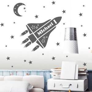 Rocket Wall Decal - Rocket Sticker, Custom Name Decals, Stars Decals, Moon Decal, Space Decals, Boys Gift, Kids Room Decor, Nursery  rta403