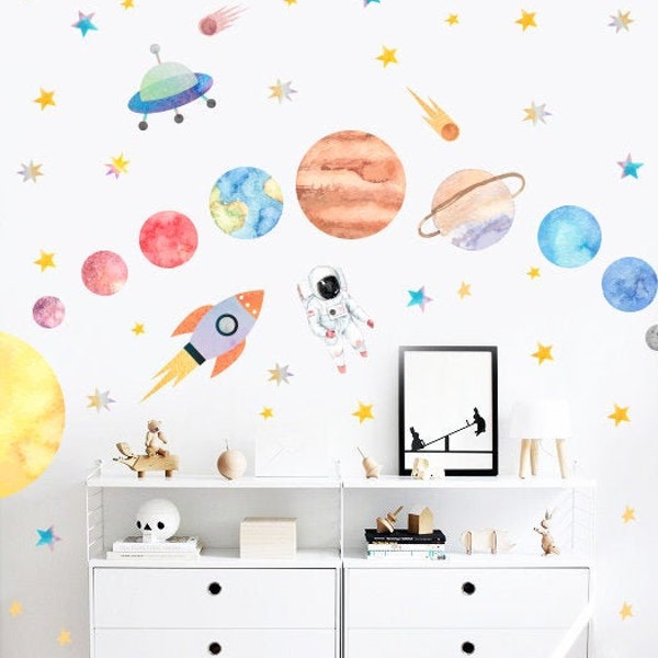 Space Wall Decals - Watercolor Solar System , Nursery Decals, Planet Wall Decals, Kids Room Wall Decor h102