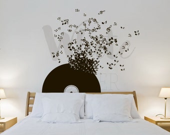 rta279 Old Vinyl Record Music Flying Notes Dorm Perfect Interior Bedroom Gift Wall Decal Vinyl Decor Sticker Art Decor Bedroom Office