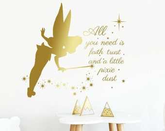 Sticker Mural fée clochette, Peter Pan muraux, sticker mural citation de Peter Pan, Peter Pan Wall Sticker Disney sticker, sticker étoiles rta1895