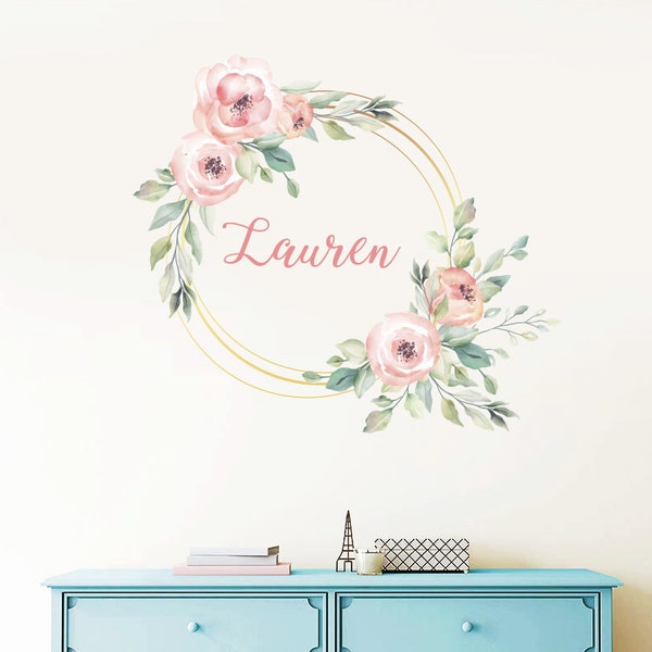 Custom Name Wall Decals/ Peony Decal/ Frame with Flowers Decals/ Flower Decals/ Nursery Stickers/ Girl Stickers/ Baby Decals / Floral Decals
