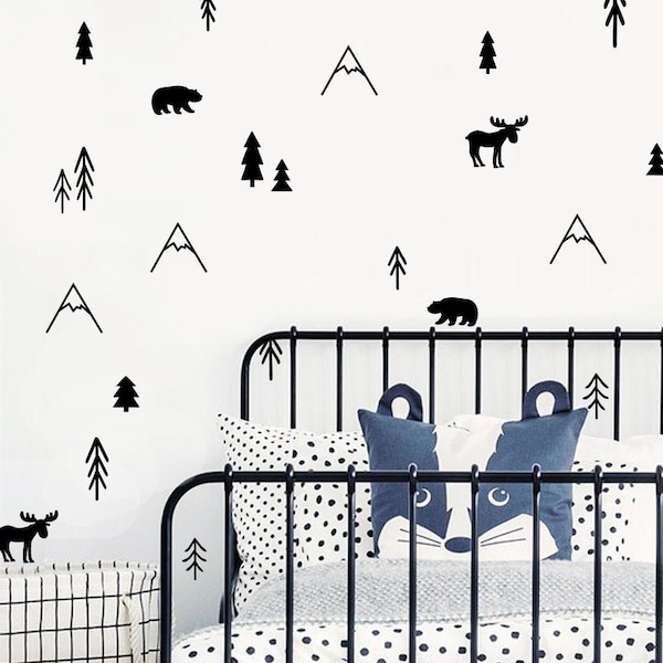 Forest Wall Decals - Mountain Wall Decals, Bear Wall Decal, Deer's wall sticker, Tree Wall Decal, Nursery Decor, Kids Room