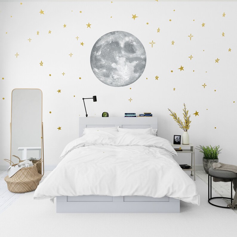 Full Moon Wall Sticker Moon Wall Decal Gold Stars Sticker Etsy