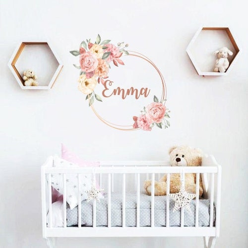 Custom Name Wall Decals With Flowers Floral Name Decals Etsy