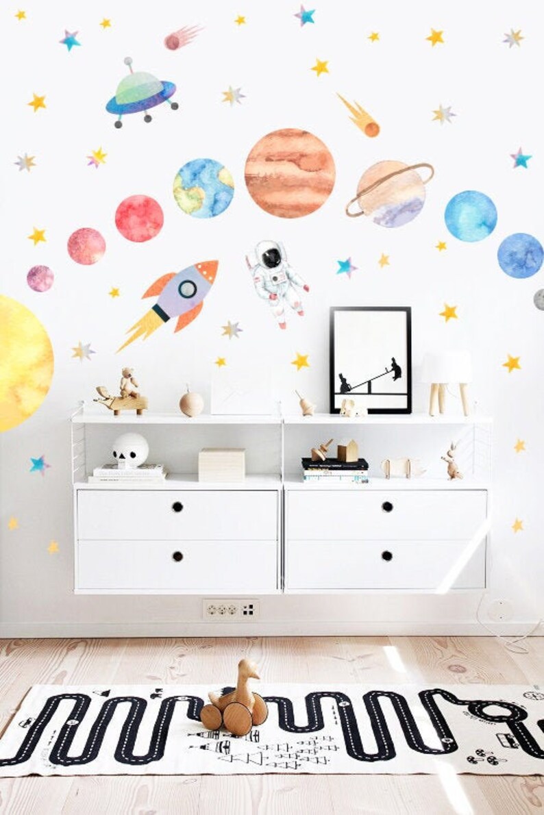 Space Wall Decals Watercolor Solar System , Nursery Decals, Planet Wall Decals, Kids Room Wall Decor h102 image 1