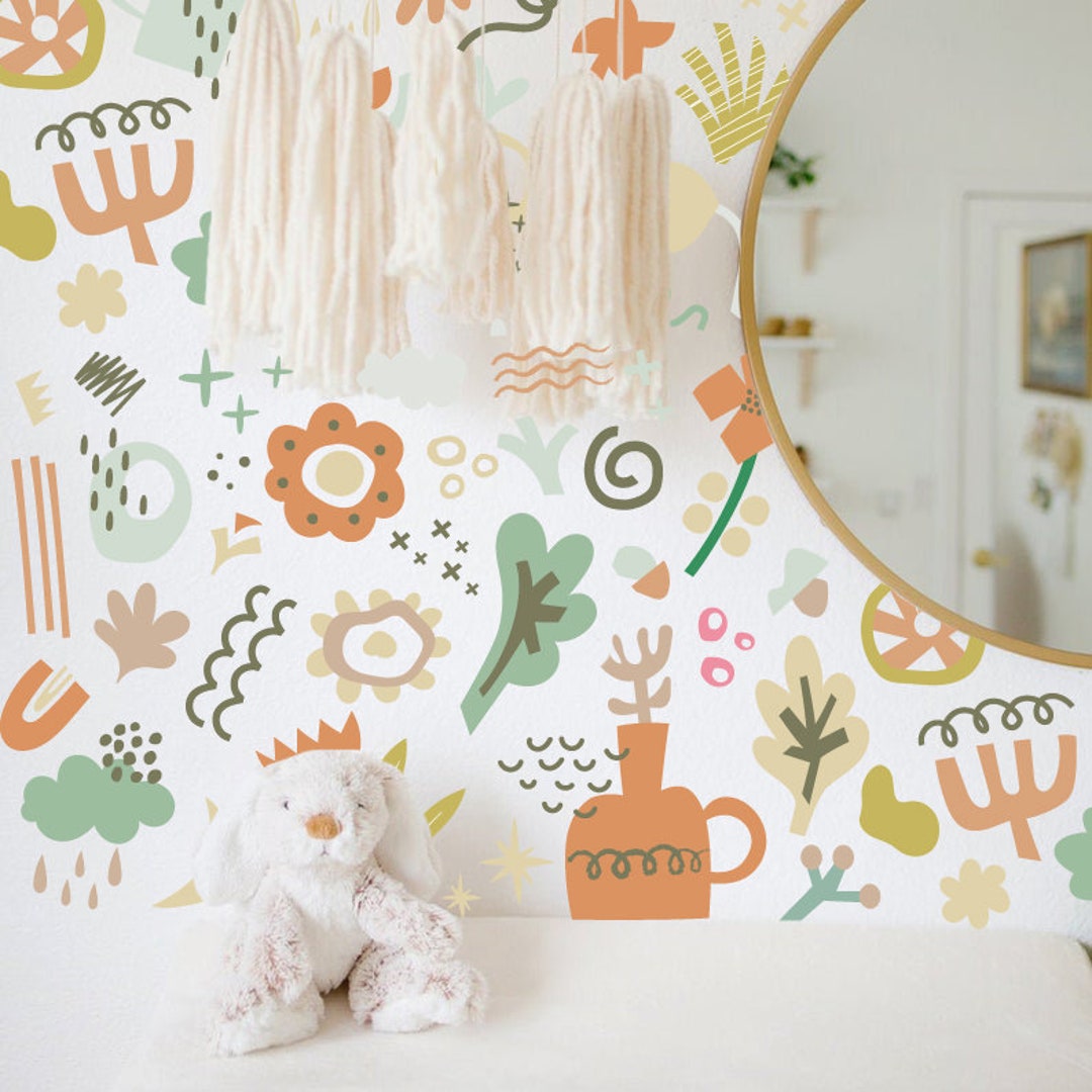 Shapes Wall Decal Abstract Hand Drawn Stripes Decal Colorful Shapes and