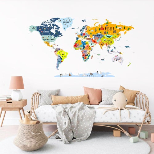 World Map Wall Decal Map of the World Removable Map Wall Etsy