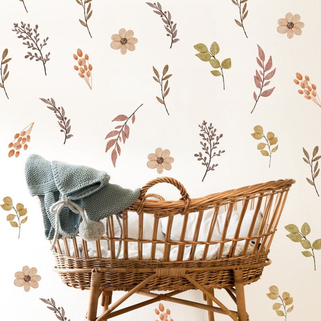 Vintage Flower Wall Decals Watercolor Flowers, Hand Painted Flowers Decal, Hand Drawn Flower