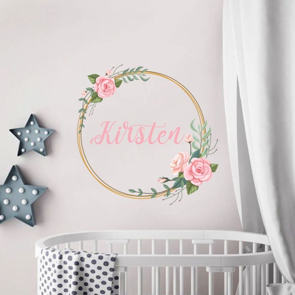 Custom Name Wall Decals/ Frame with Flowers Decals/ Flower Decals/ Nursery Stickers/ Girl Stickers/ Baby Decals / Floral Decals ga214