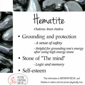 Puede incluir: Piedras de cristal de hematita, una piedra de conexi&oacute;n a tierra y protecci&oacute;n. La hematita es conocida como la "piedra de la mente" y se asocia con la l&oacute;gica, la memoria y la autoestima. Chakras: Chakra ra&iacute;z.
