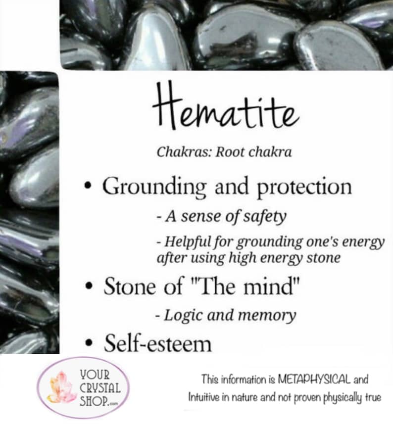 Puede incluir: Piedras de cristal de hematita, una piedra de conexi&oacute;n a tierra y protecci&oacute;n. La hematita es conocida como la "piedra de la mente" y se asocia con la l&oacute;gica, la memoria y la autoestima. Chakras: Chakra ra&iacute;z.