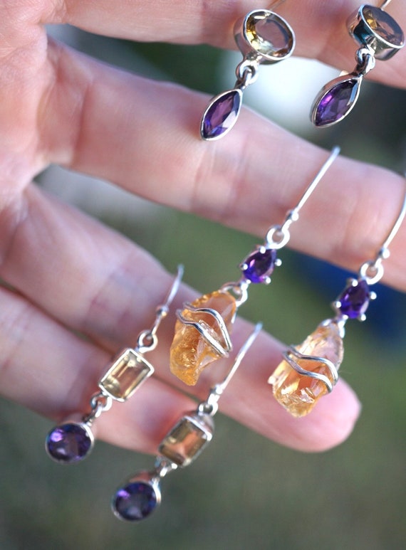 Faceted Citrine and Amethyst Earrings - 925 Sterli