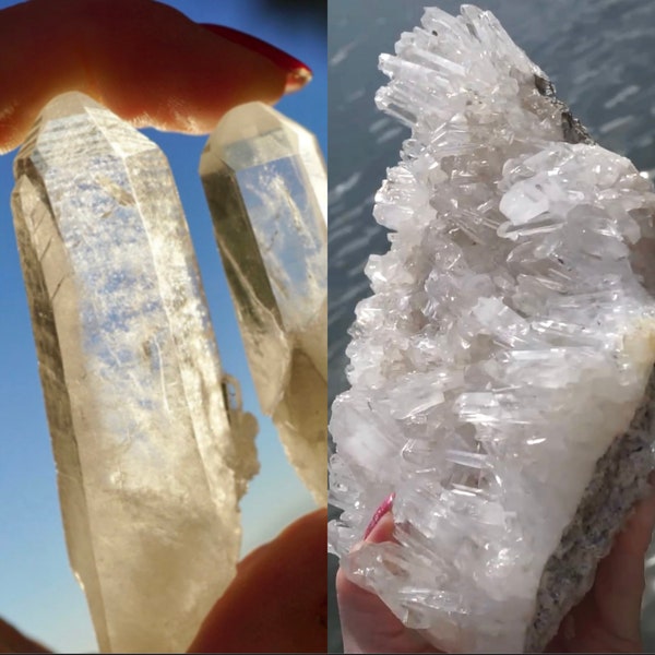 Genuine Clear & Pink LEMURIAN Seed Crystals - Clear Quartz ~ Healing Crystal - Huge Clear Quartz Cluster with Lemurian Crystals