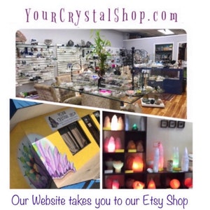 May include: A collage of images showcasing a crystal shop. The first image shows the interior of the shop with shelves stocked with crystals, jewelry, and other items. The second image shows the exterior of the shop with a mural of purple crystals. The third image shows a shelf with Himalayan salt lamps of various sizes and colors.