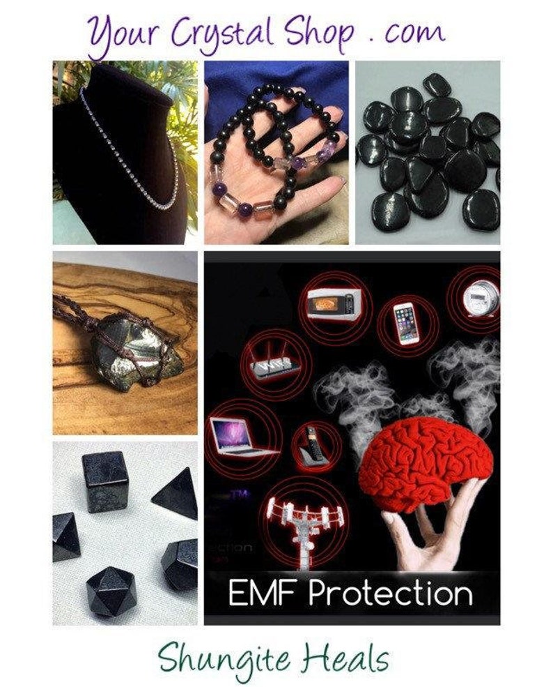 Pu&ograve; includere: Pietre di shungite in varie forme e dimensioni, tra cui una collana, un braccialetto, pietre rotonde e una piramide. L'immagine include anche un grafico di un cervello con onde EMF che irradiano da dispositivi elettronici, con il testo "Protezione EMF" e "Shungite cura".