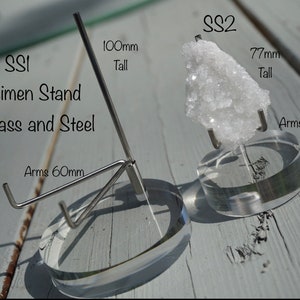 May include: Two specimen stands made of clear acrylic and steel. The stands are labeled "SSI" and "SS2". The stand labeled "SSI" is 100mm tall with 60mm arms. The stand labeled "SS2" is 77mm tall with 33mm arms.