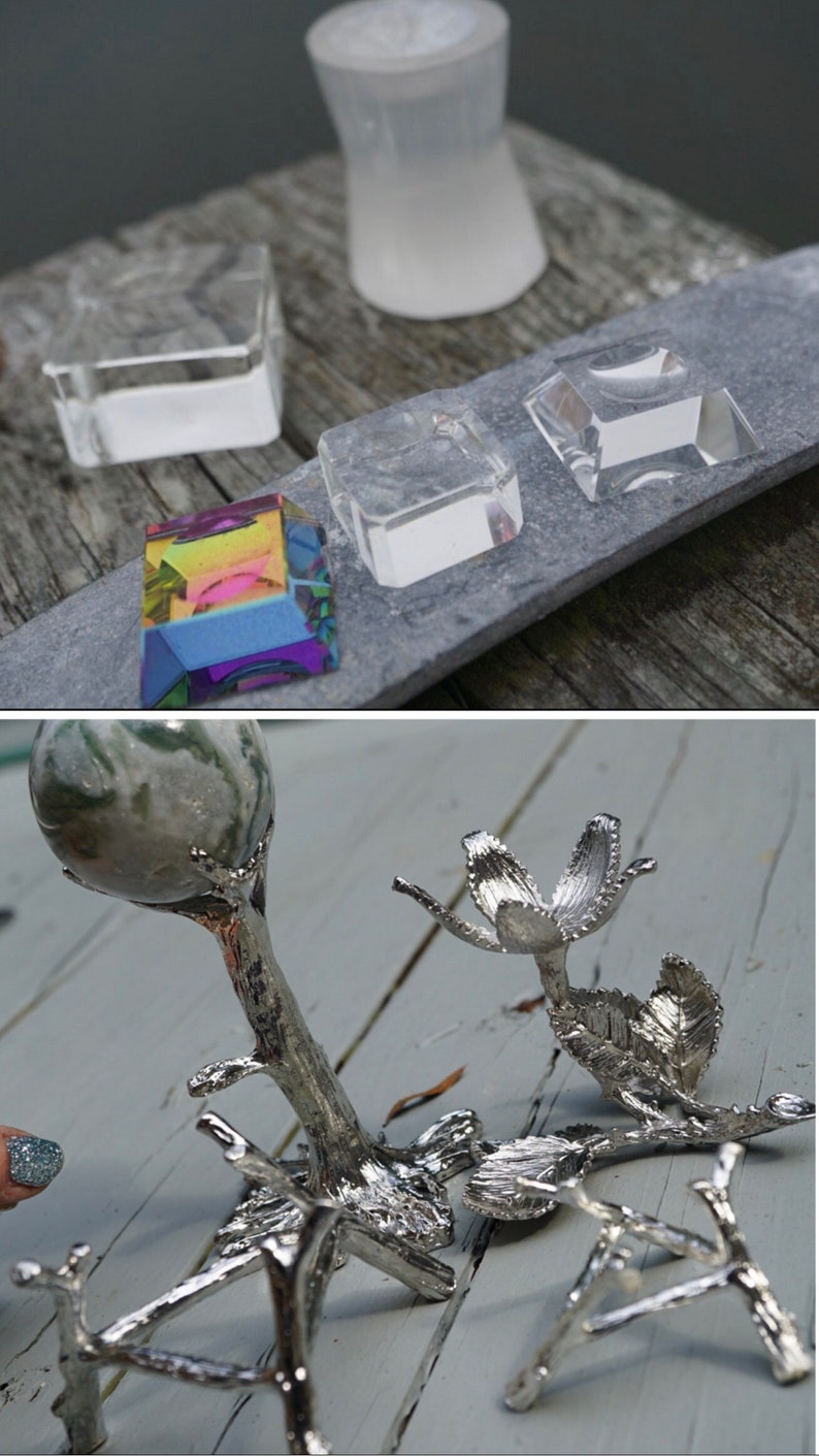May include: A set of five silver metal decorative stands with a tree branch design. The stands are in various sizes and shapes, and some have leaves or flowers.