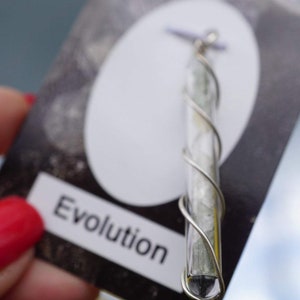 Puede incluir: Un colgante de plata con un tubo de vidrio transparente lleno de material blanco y gris. El tubo está envuelto con alambre de plata y el colgante está etiquetado como "Evolución".