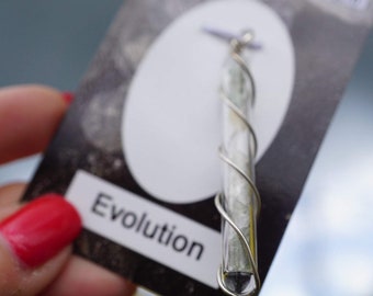 May include: A silver pendant with a clear glass tube filled with white and gray material. The tube is wrapped with silver wire and the pendant is labeled "Evolution".