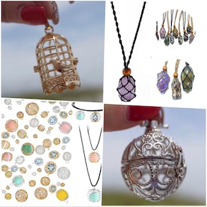 Macrame Necklaces -Silver & Gold Stone Cages - Silver Spiral Stone Cages - Bird Cage - Stretch Spiral Cages holds stones or crystals L105