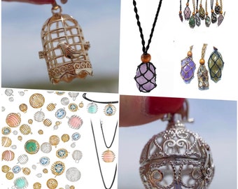 Collane in macramè - Gabbiette con pietre in argento e oro - Gabbiette a spirale in argento - Gabbie per uccelli - Le gabbie a spirale elastiche contengono pietre o cristalli L105