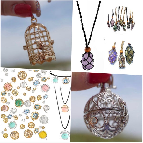 Macramé Necklaces -Silver & Gold Stone Cages - Silver Spiral Stone Cages - Bird Cage - Stretch Spiral Cages holds tumbled stones or crystals