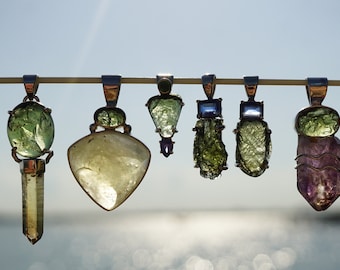 Genuine Raw MOLDAVITE Pendants - Floating Locket Screw back & Silver Phenacite - Libyan Tektite, Saffordite Tektite Emerald, Tanzanite L55
