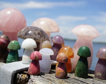 Fungo di cristallo, decorazione con fungo magico - Arte del fungo - Collana con fungo - Quarzo rosa, calcite arancione, rodonite rosa L111