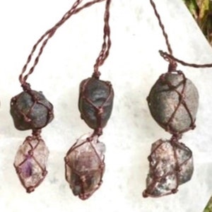 Saffordite or Centimani Stone Tektite from Arizona and Brandburg Amethyst from Africa Macrame Crystal Hemp Necklace
