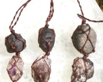 Saffordite or Centimani Stone Tektite from Arizona and Brandburg Amethyst from Africa Macrame Crystal Hemp Necklace