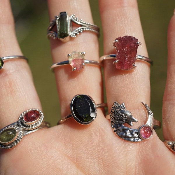 Pink TOURMALINE OR green TOURMALINE Ring - with Kyanite and Aquamarine -All Sizes 5 6 7 8 9 - All 925 Silver ~ Healing Crystal