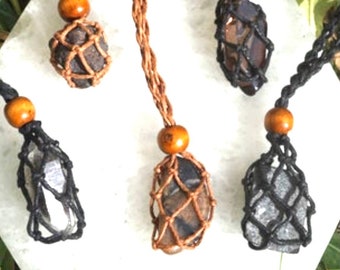 Raw SMOKY QUARTZ Necklace - Also Nummite, Lodestone, Tibetan Black Quartz, Chiastolite-Crystal Wrap Macreme