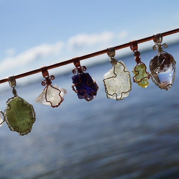 AAA Quality SCOLECITE, Apophyllite, Danburite and Sunstone ~ Pendants in 925 Silver Wire - High Energy Healing Crystals Synergy 12