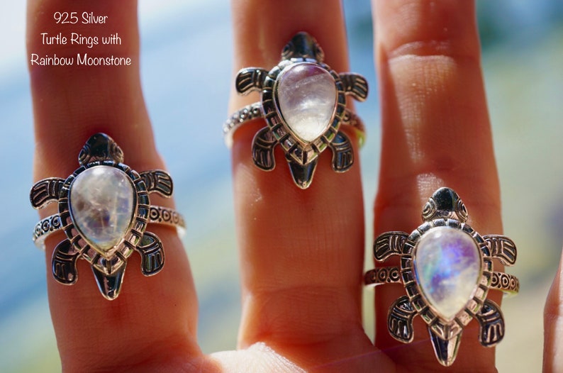 Natural Moonstone Ring, silver moon stone ring, blue moonstone jewelry, blue flash, healing stone ring - White Moonstone 925 Silver Turtle Ring Size7