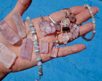Kunzit Kristall Schmucksteine - Heilstein der Liebe, beruhigend, emotionales Gleichgewicht | High-Vibe Pink Kristall | Armband, Anhänger, Ring L66