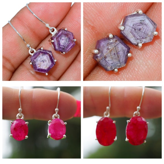 Faceted RUBY Earrings in 925 Star Ruby Rhombohedr… - image 4