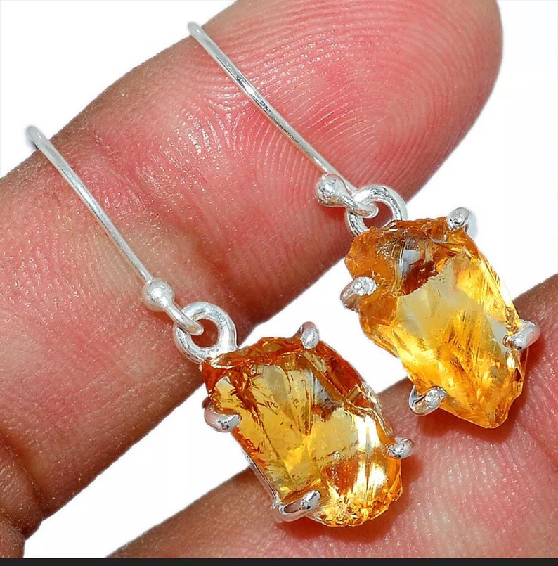 Faceted Citrine Earrings 925 Sterling Silver Citrine Jewelry Healing Crystal Raw Dangle 10-14mm