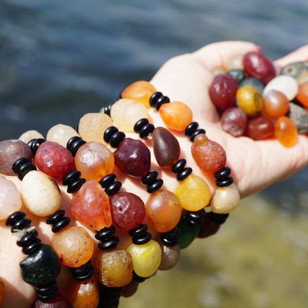 Candy Agate - Chalcedony - Cotton Candy Agate Bracelet w Black Onyx Beads - Gobi Agate from Gobi Desert in Mongolia - 11-18mm Many Colors