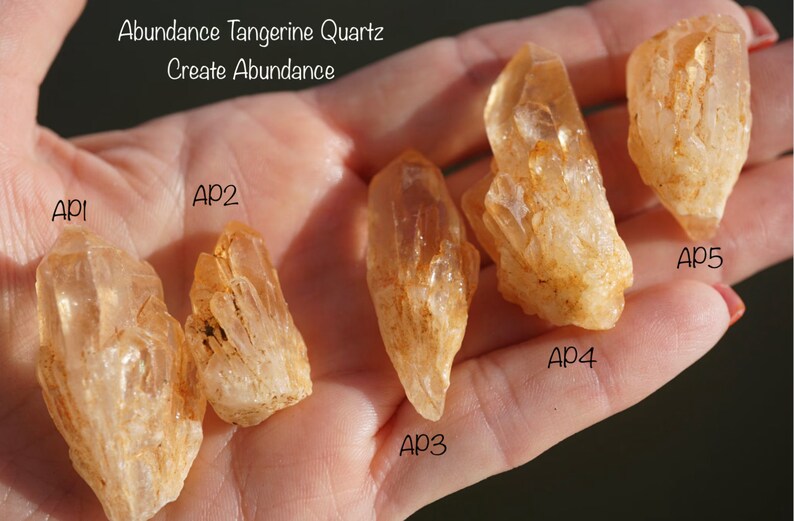 May include: Five orange tangerine quartz crystals labelled AP1 to AP5. The crystals are pointed and translucent. The text "Abundance Tangerine Quartz Create Abundance" is at the top of the image.