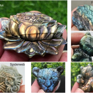 Carved LABRADORITE Mermaid, Dragon, Ammonite, Scorpio, Fairy, Lizard, Lotus, Fox, Spider Web, Peacock, full of FIRE