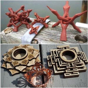 May include: Three terracotta candle holders in various shapes and sizes, and three wooden candle holders in the shape of a mandala and a square design.