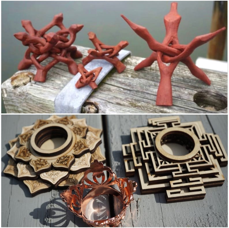 May include: Three terracotta candle holders in various shapes and sizes, and three wooden candle holders in the shape of a mandala and a square design.