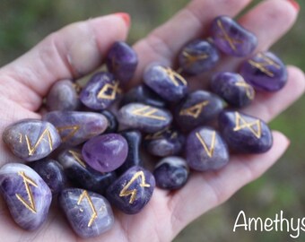 Crystal RUNE set 20mm stones- Amethyst,Carnelian, Red Jasper, Caribbean Calcite - Stone Runes Set