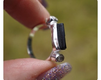 Raw Black TOURMALINE Ring w Tibetan Black Quartz - Size 5, 6, 6.5, 7.5, 8, 9 - Healing Crystal