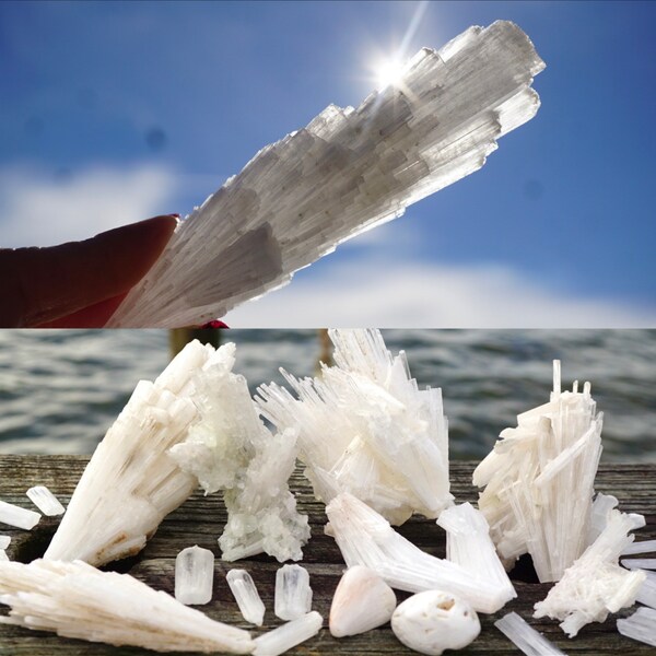 Clear White SCOLECITE Crystals - Tumbled, Blades, Specimens AA Quality from India - Healing Crystal ~ Zeolite Crystals L40