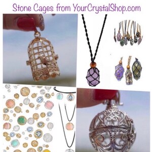 May include: Macrame Stone Necklaces, Stone Cages from YourCrystalShop.com. A variety of necklaces with different colored stones and metal cages. Some necklaces have a round cage, while others have a birdcage design. The necklaces are displayed on a white background.