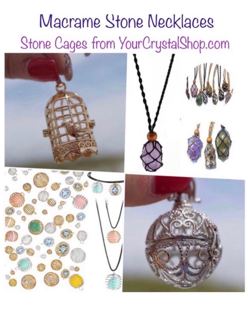 May include: Macrame Stone Necklaces, Stone Cages from YourCrystalShop.com. A variety of necklaces with different colored stones and metal cages. Some necklaces have a round cage, while others have a birdcage design. The necklaces are displayed on a white background.