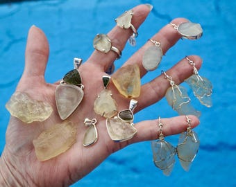 Pendientes de plata de ley con tectita dorada de Libia (cristal del desierto) - Colgante suelto de plata 925 con cristal curativo de tectita libia (L60)
