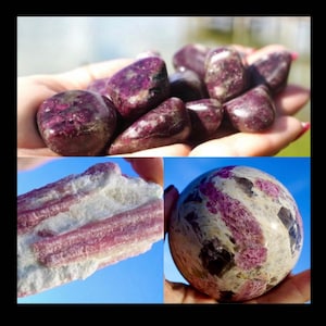 May include: A collection of pink and white tourmaline crystals, including tumbled stones, a raw specimen, and a sphere. The crystals have a unique, striated pattern and a beautiful pink hue.